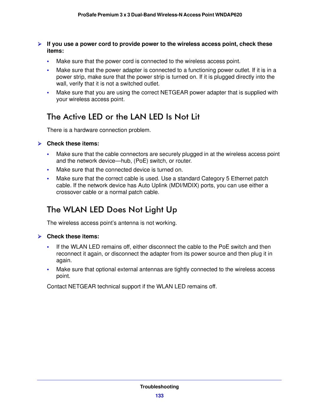 NETGEAR WNDAP620 manual Active LED or the LAN LED Is Not Lit, Wlan LED Does Not Light Up,  Check these items, 133 