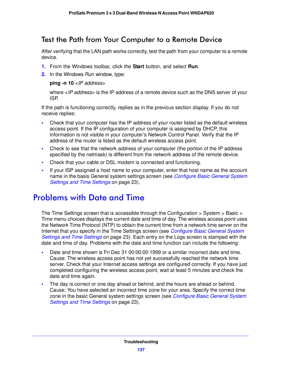 NETGEAR WNDAP620 manual Problems with Date and Time, Test the Path from Your Computer to a Remote Device, 137 