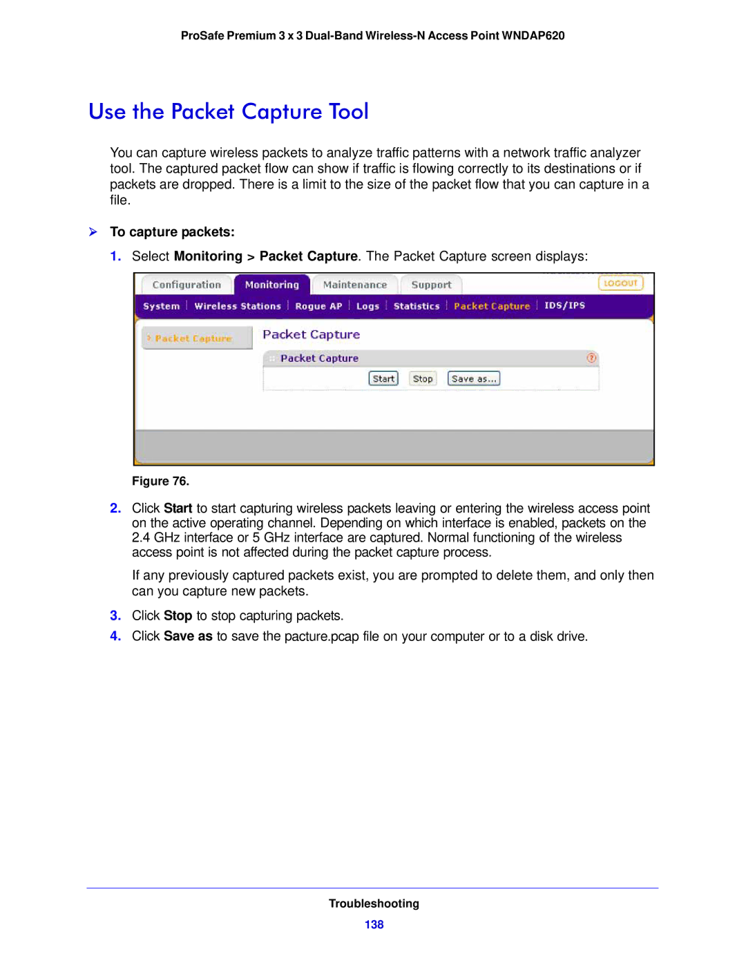 NETGEAR WNDAP620 manual Use the Packet Capture Tool,  To capture packets, 138 