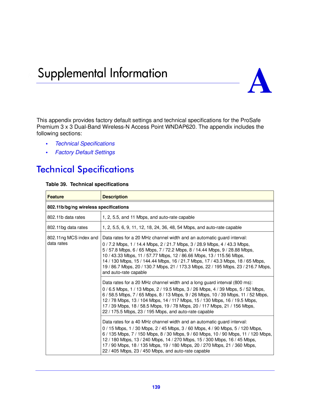 NETGEAR WNDAP620 manual Technical Specifications, Technical specifications, 139 