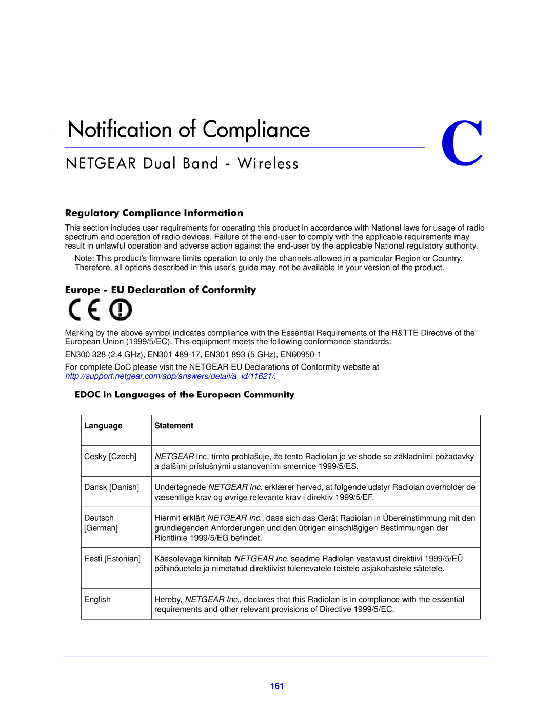 NETGEAR WNDAP620 Netgear Dual Band Wireless, Regulatory Compliance Information, Europe EU Declaration of Conformity, 161 