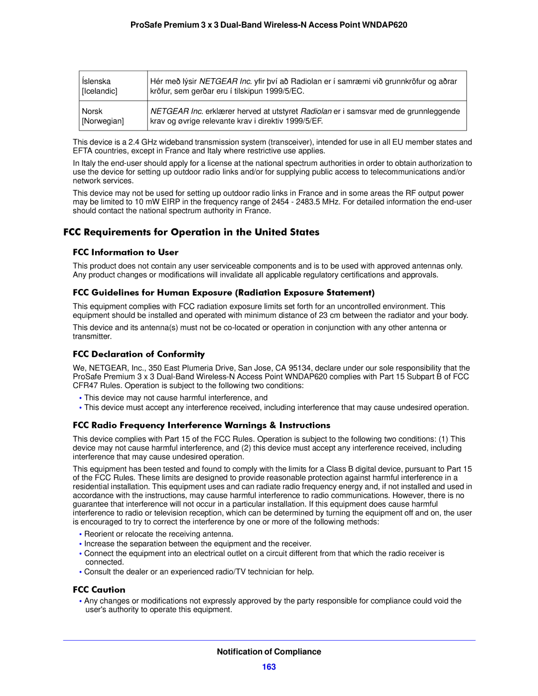 NETGEAR WNDAP620 manual FCC Requirements for Operation in the United States, 163 