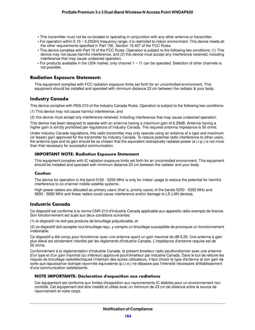 NETGEAR WNDAP620 manual Radiation Exposure Statement, Industry Canada, Industrie Canada, 164 