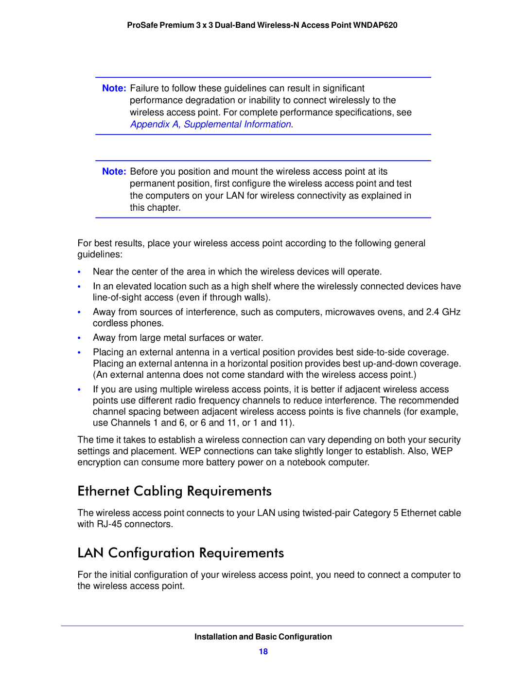 NETGEAR WNDAP620 manual Ethernet Cabling Requirements, LAN Configuration Requirements, Installation and Basic Configuration 