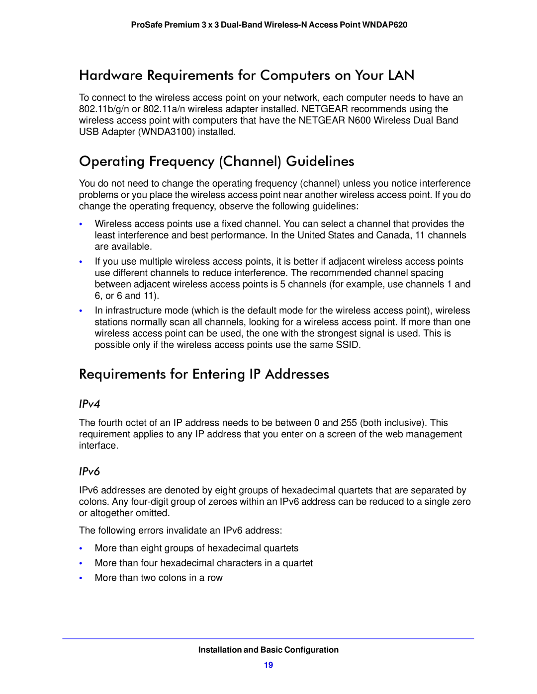 NETGEAR WNDAP620 manual Hardware Requirements for Computers on Your LAN, Operating Frequency Channel Guidelines 