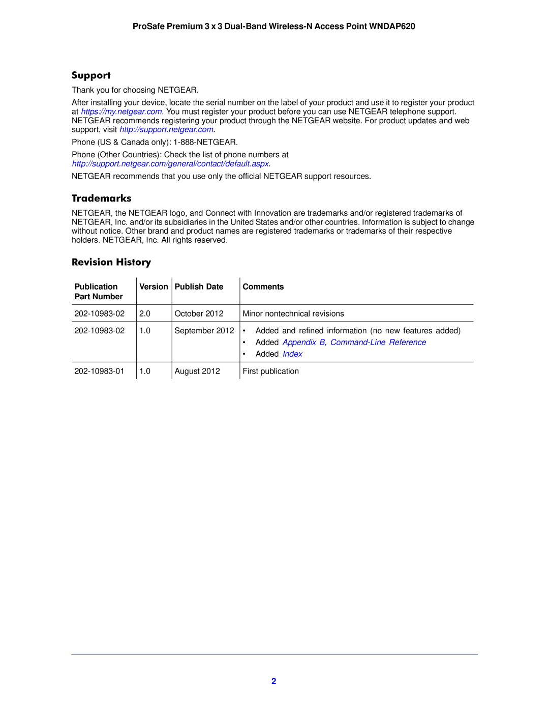 NETGEAR WNDAP620 manual Support, Trademarks, Revision History, Publication Version Publish Date Comments Part Number 