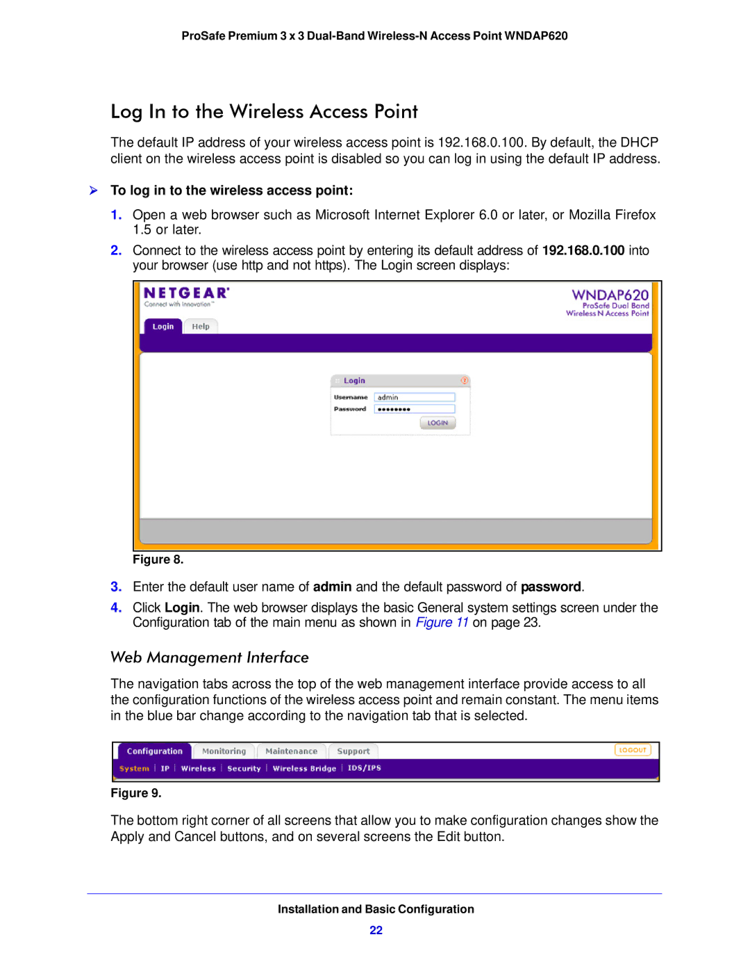 NETGEAR WNDAP620 manual Log In to the Wireless Access Point,  To log in to the wireless access point 