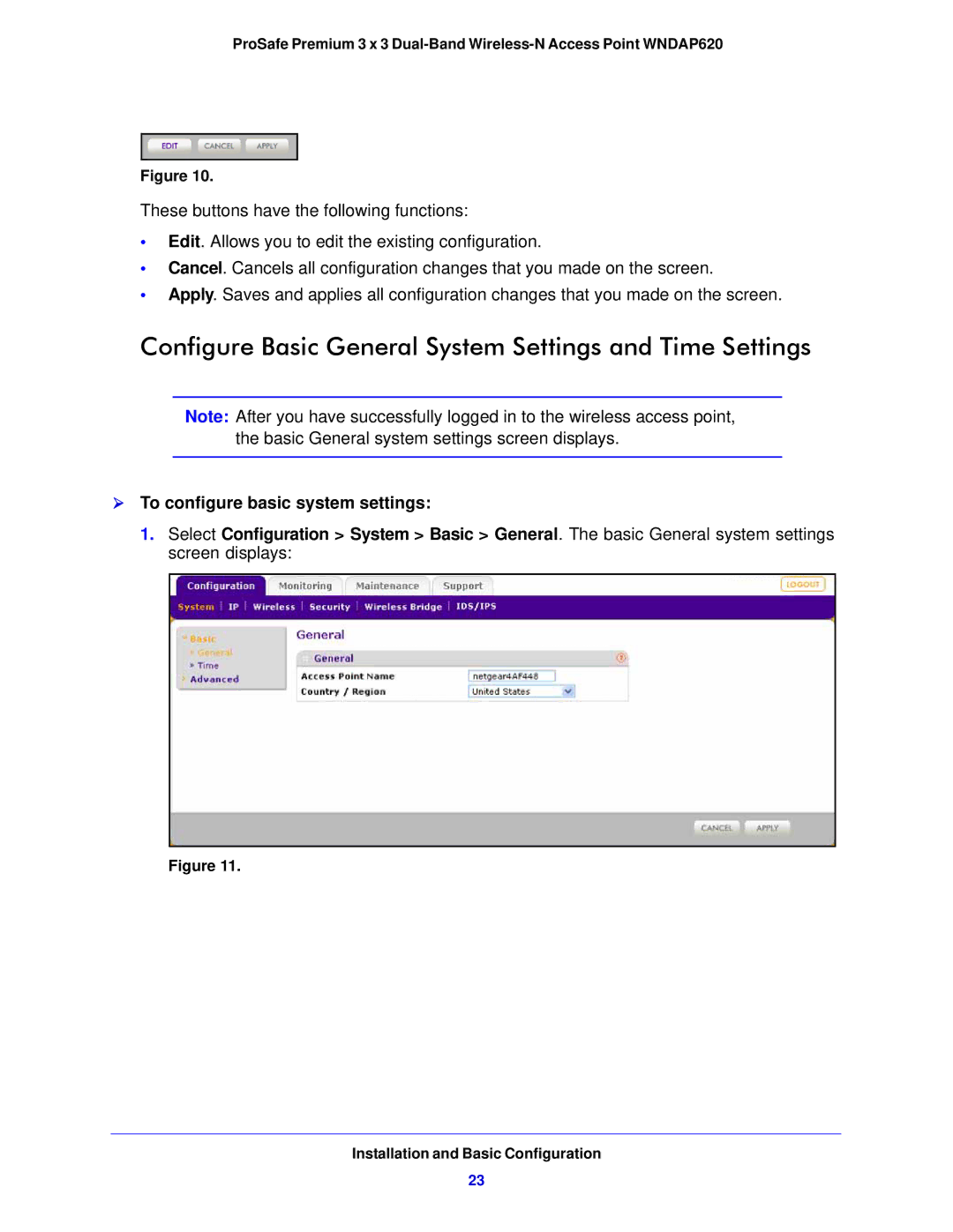 NETGEAR WNDAP620 manual Configure Basic General System Settings and Time Settings,  To configure basic system settings 