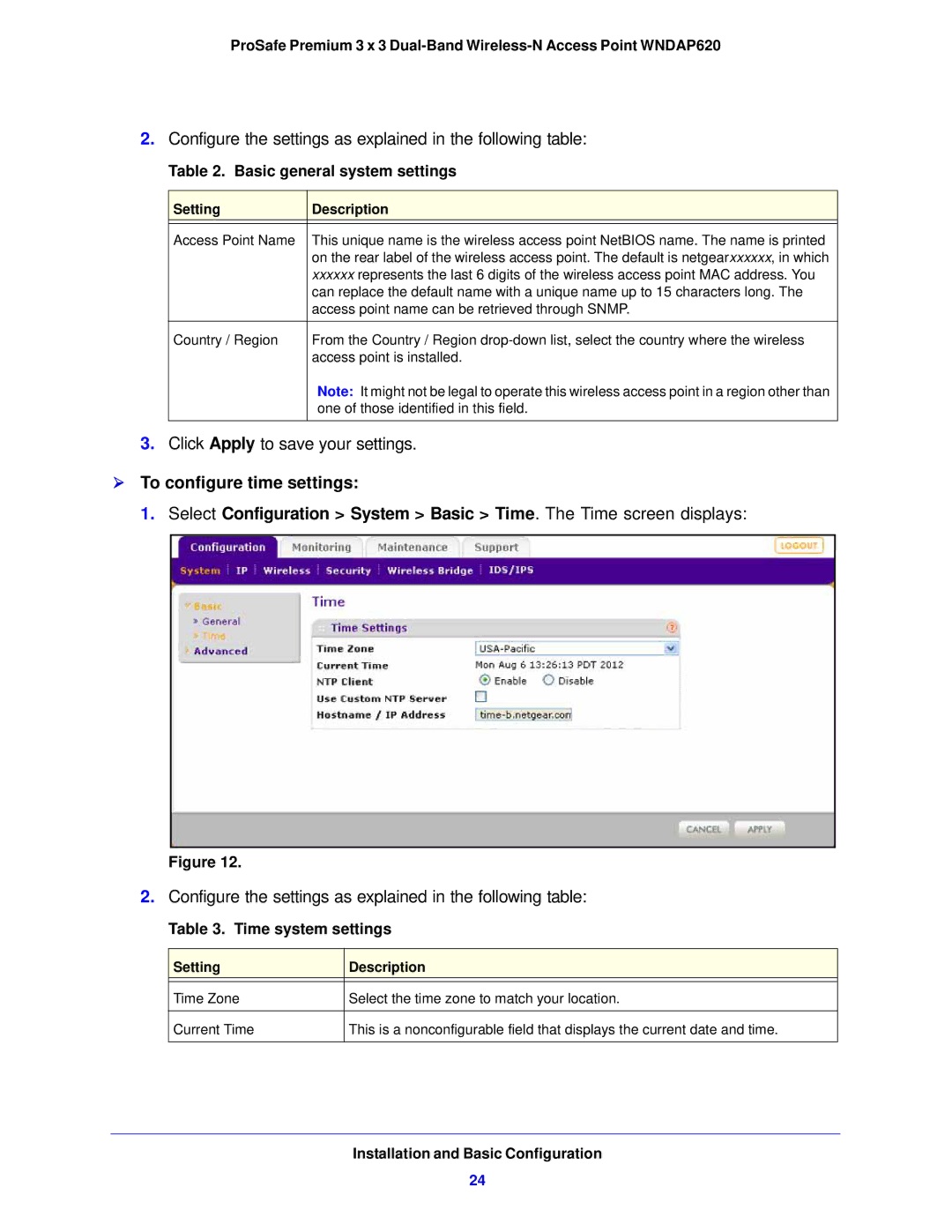 NETGEAR WNDAP620 manual Basic general system settings, Time system settings, Setting Description 