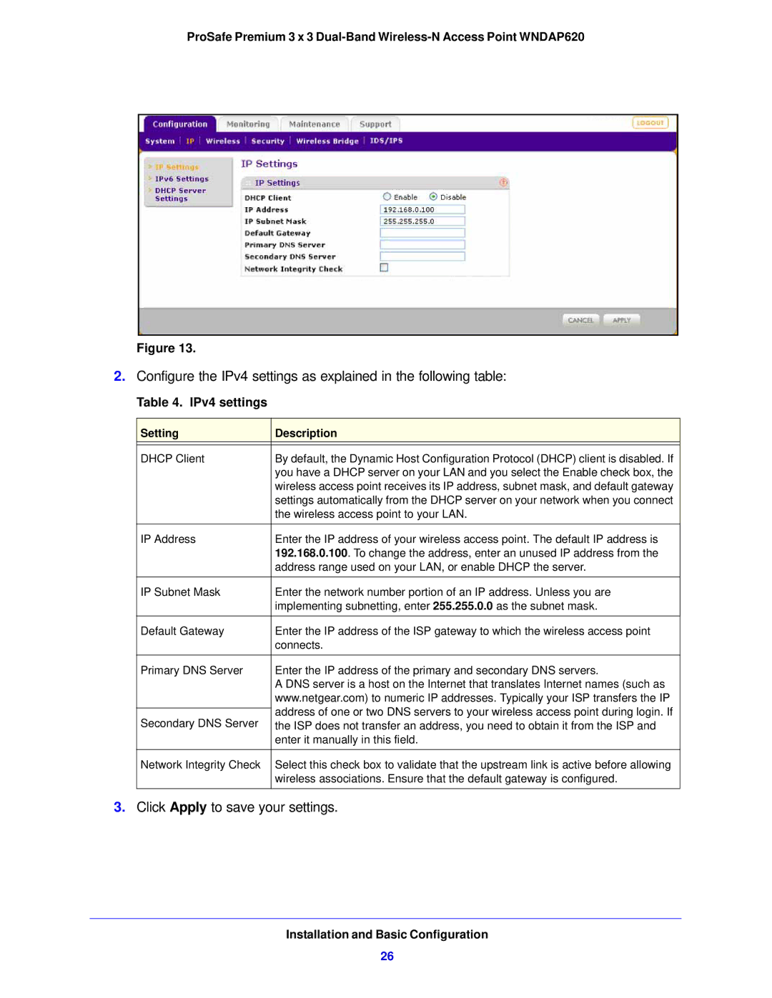 NETGEAR WNDAP620 manual IPv4 settings 