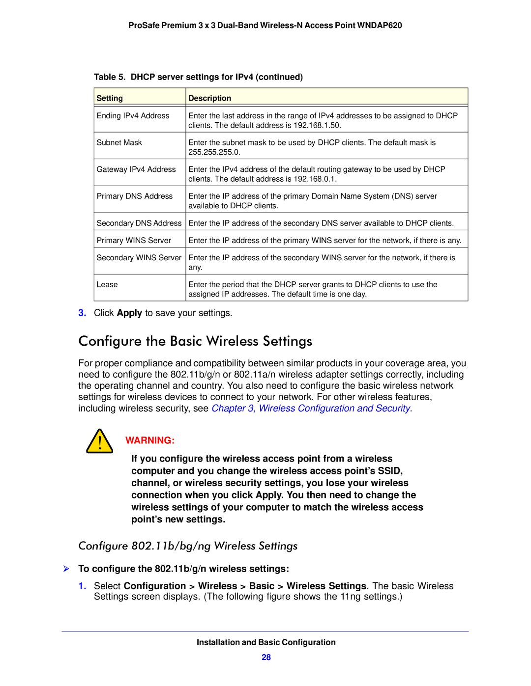 NETGEAR WNDAP620 manual Configure the Basic Wireless Settings,  To configure the 802.11b/g/n wireless settings 