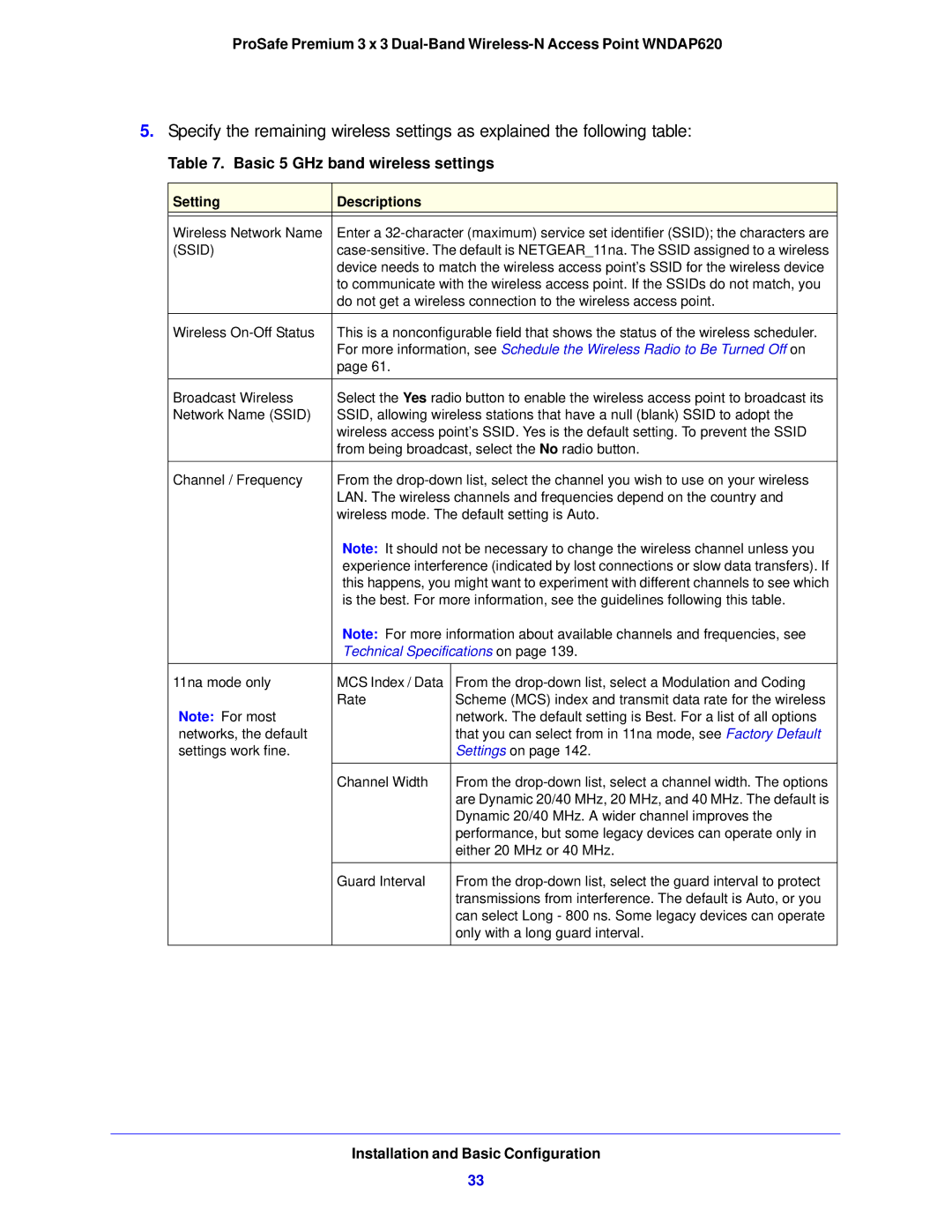 NETGEAR WNDAP620 manual Basic 5 GHz band wireless settings, Ssid 