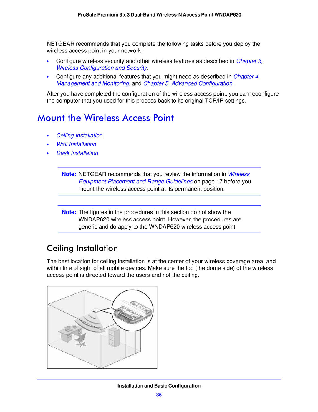 NETGEAR WNDAP620 manual Mount the Wireless Access Point, Ceiling Installation 