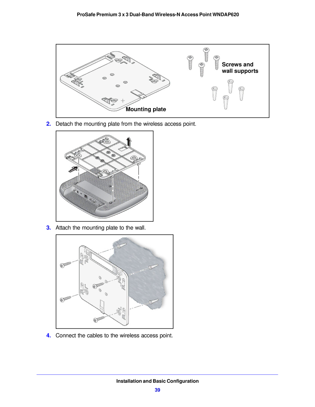 NETGEAR WNDAP620 manual Screws and wall supports Mounting plate 