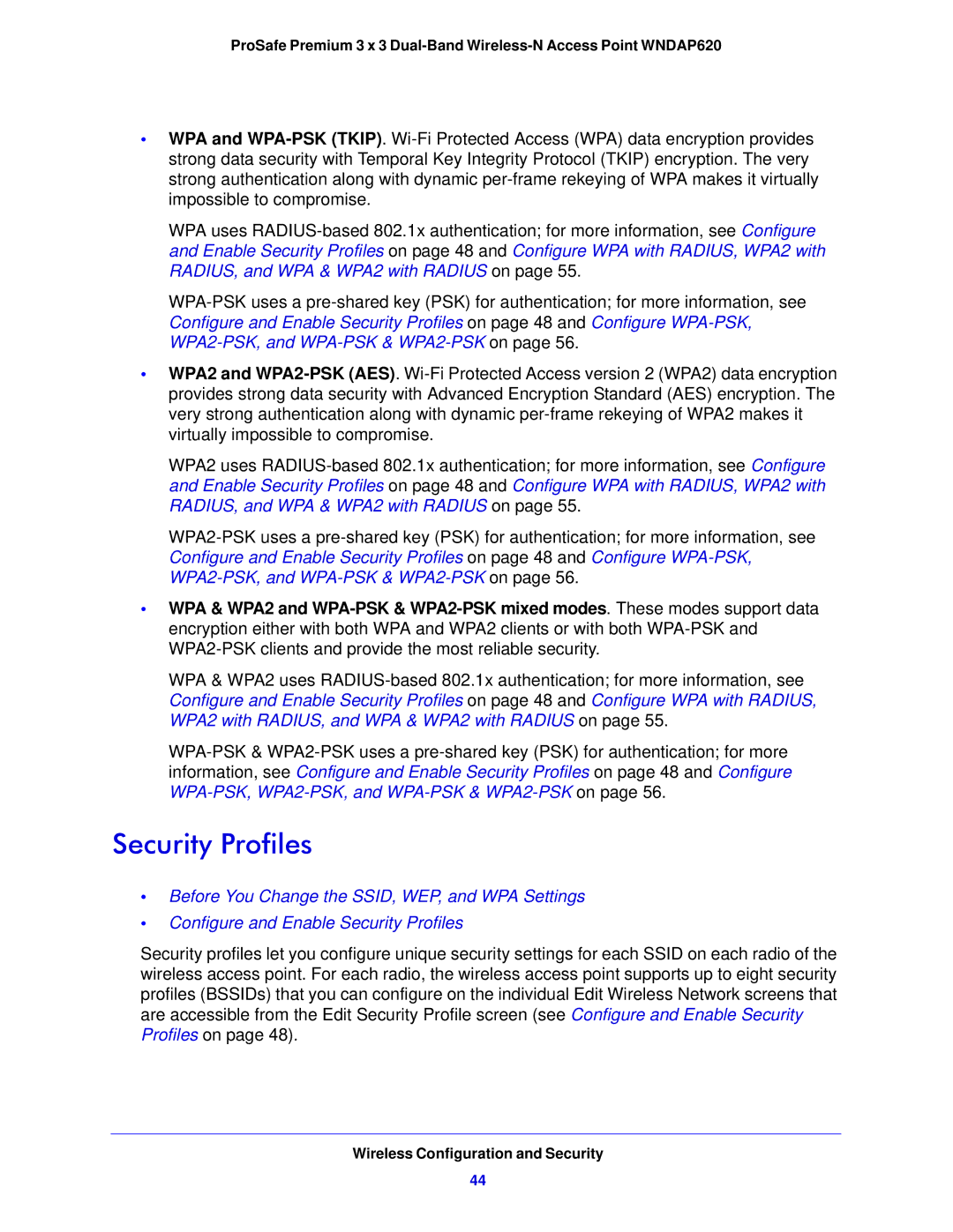 NETGEAR WNDAP620 manual Security Profiles 