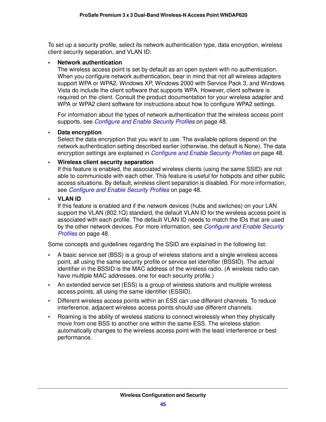 NETGEAR WNDAP620 manual Network authentication, Data encryption, Wireless client security separation 