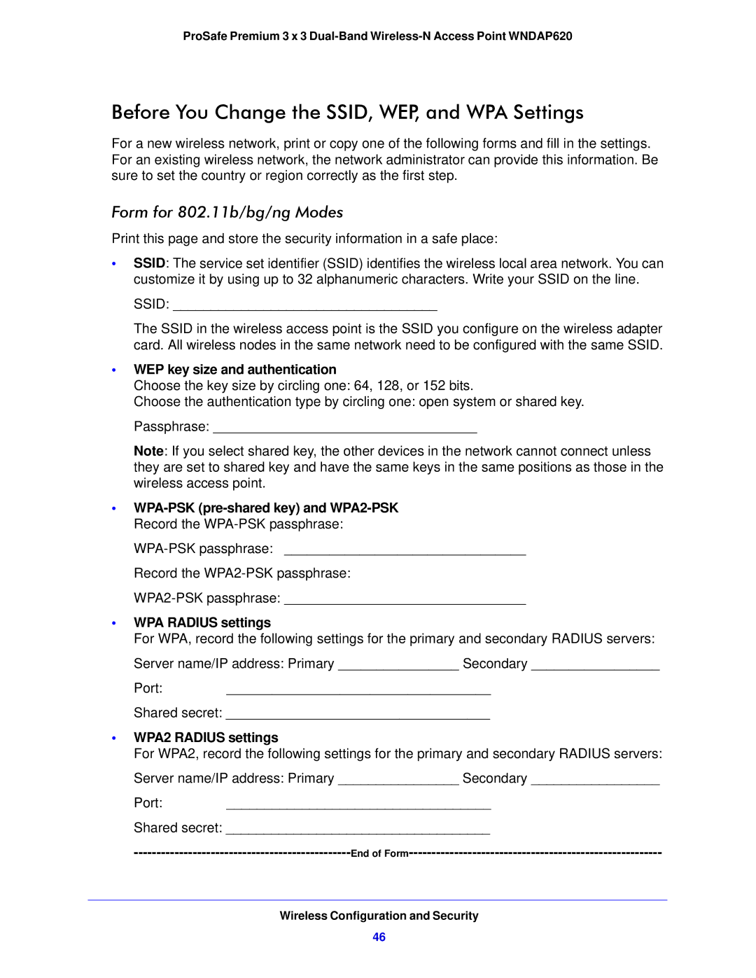 NETGEAR WNDAP620 Before You Change the SSID, WEP, and WPA Settings, WEP key size and authentication, WPA Radius settings 