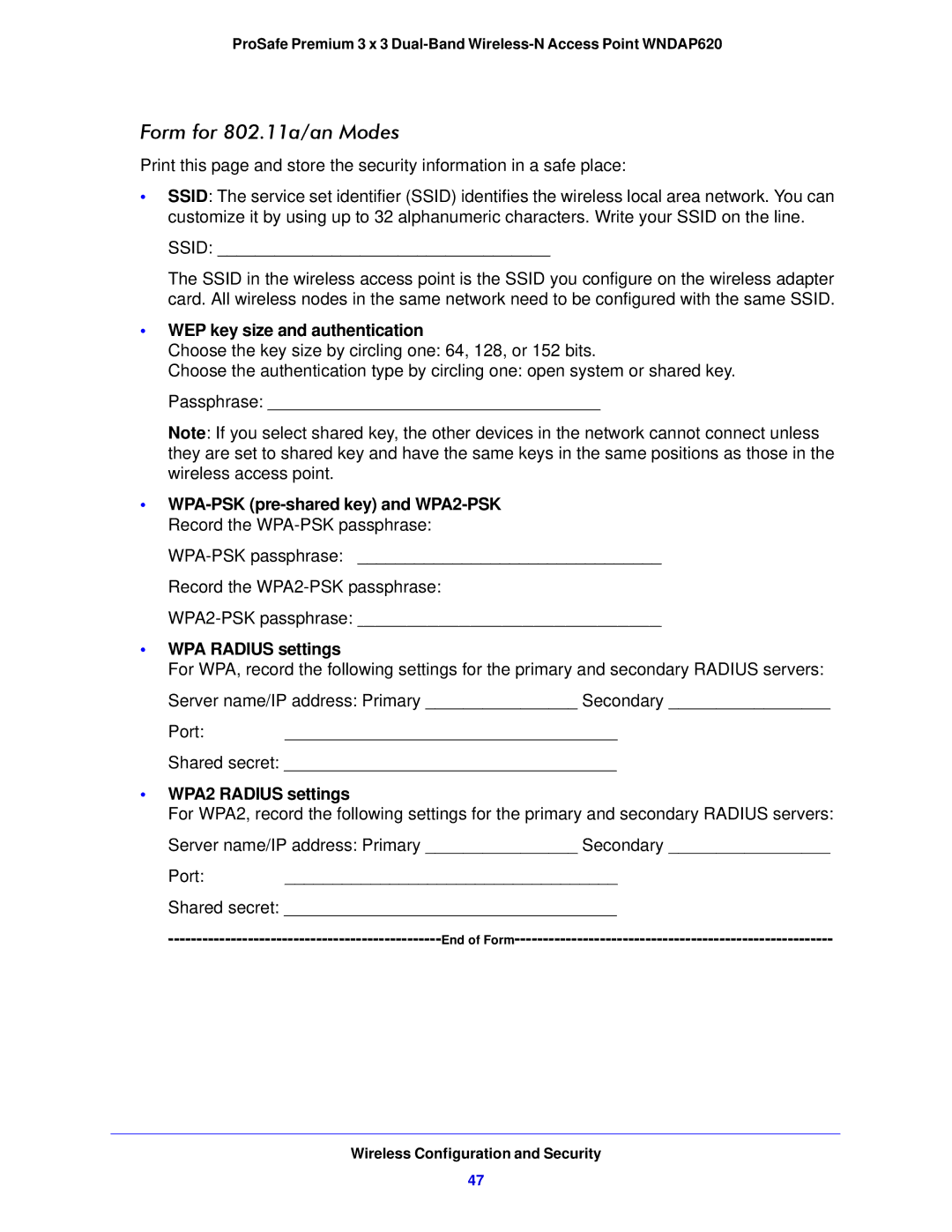 NETGEAR WNDAP620 manual Form for 802.11a/an Modes 