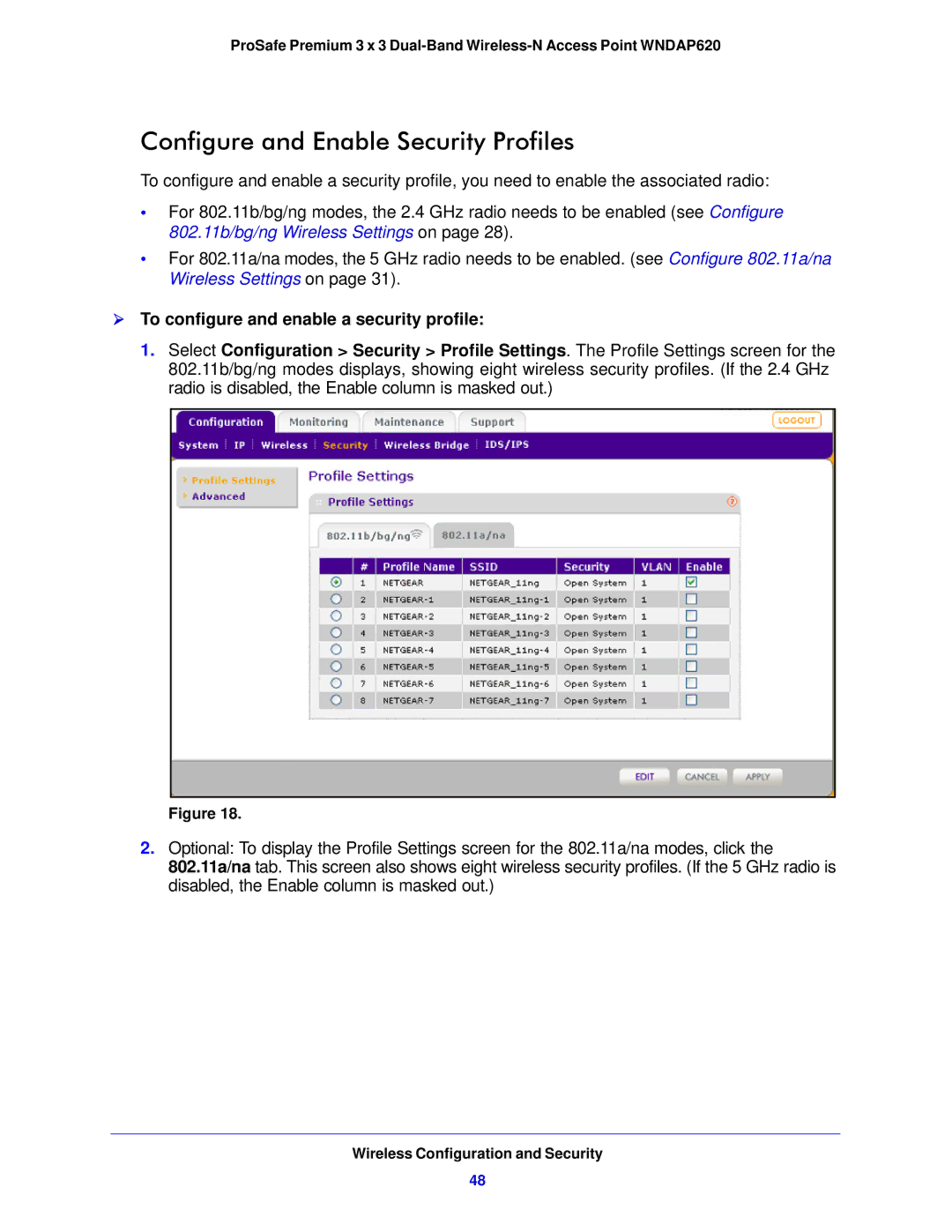 NETGEAR WNDAP620 manual Configure and Enable Security Profiles,  To configure and enable a security profile 