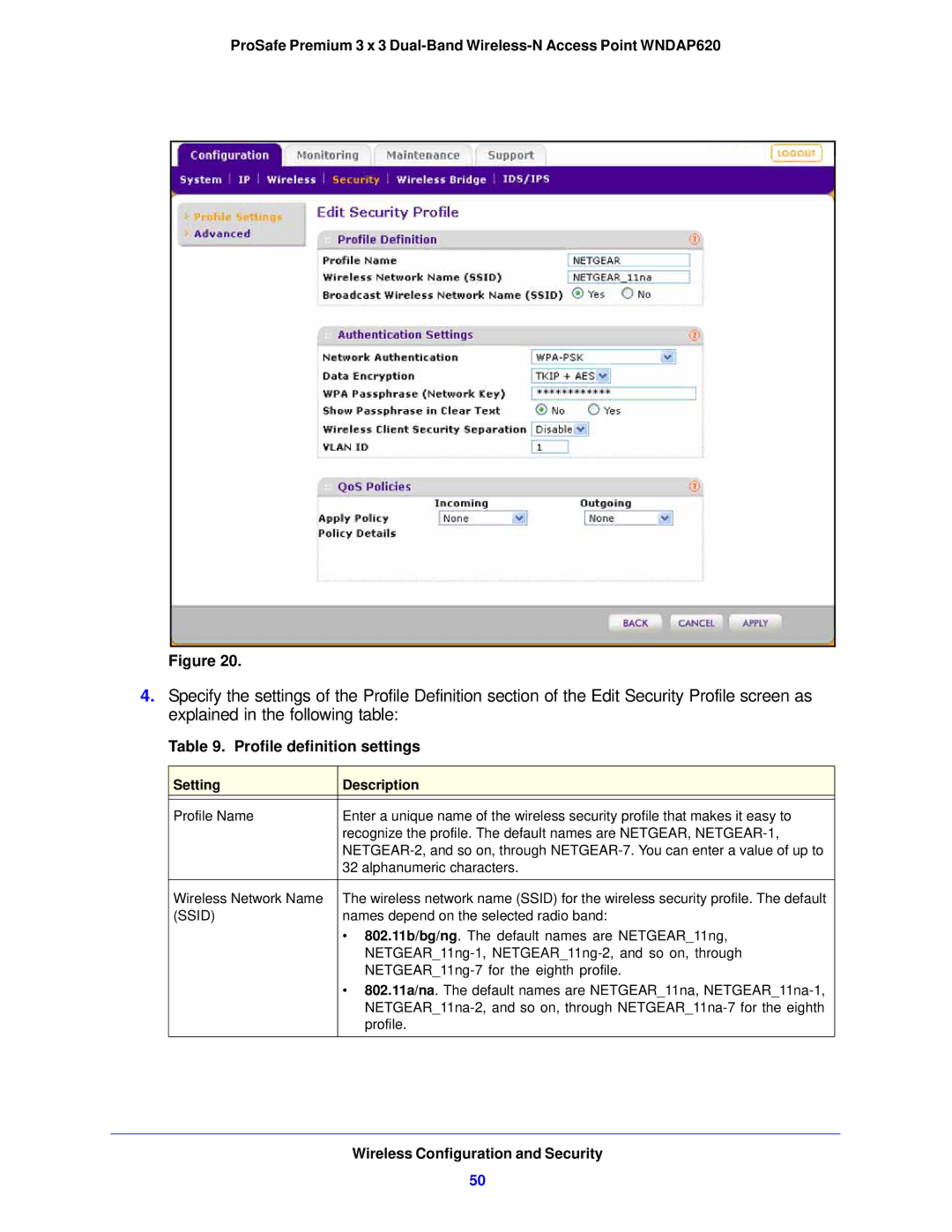 NETGEAR WNDAP620 manual Profile definition settings 