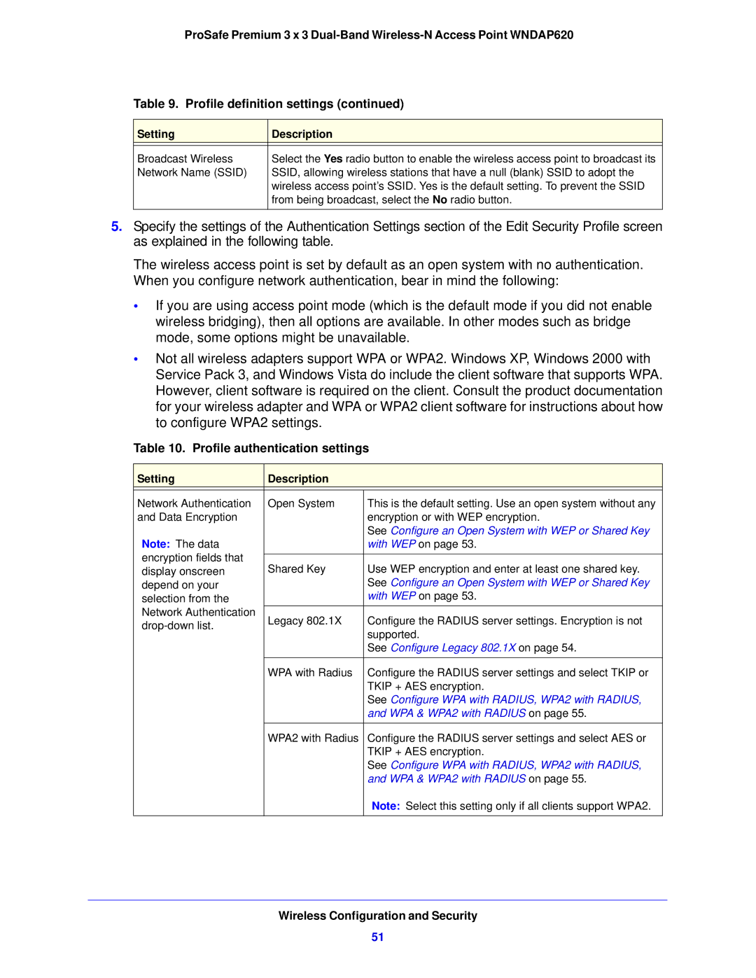 NETGEAR WNDAP620 manual Profile authentication settings, See Configure an Open System with WEP or Shared Key 