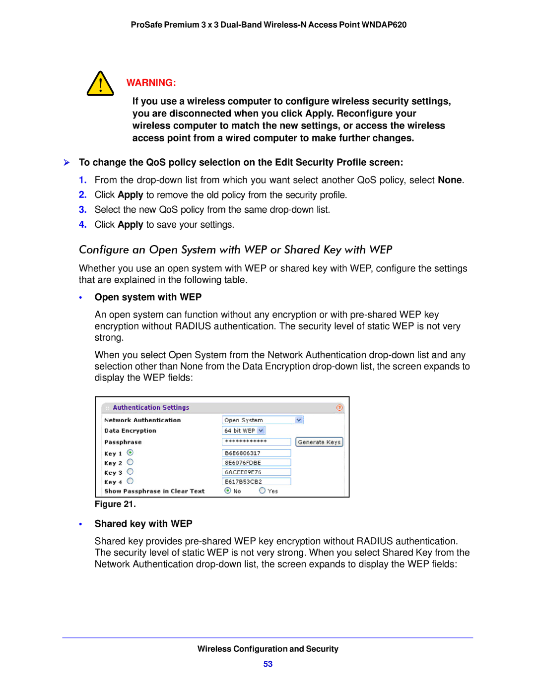 NETGEAR WNDAP620 manual Open system with WEP, Shared key with WEP 