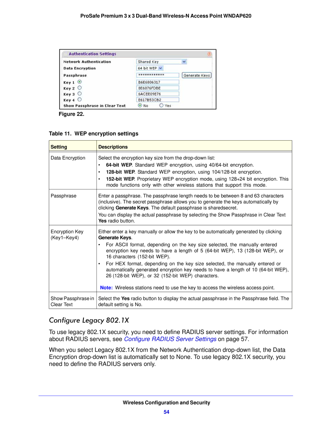 NETGEAR WNDAP620 manual Generate Keys, 26 128-bit WEP, or 32 152-bit WEP characters 