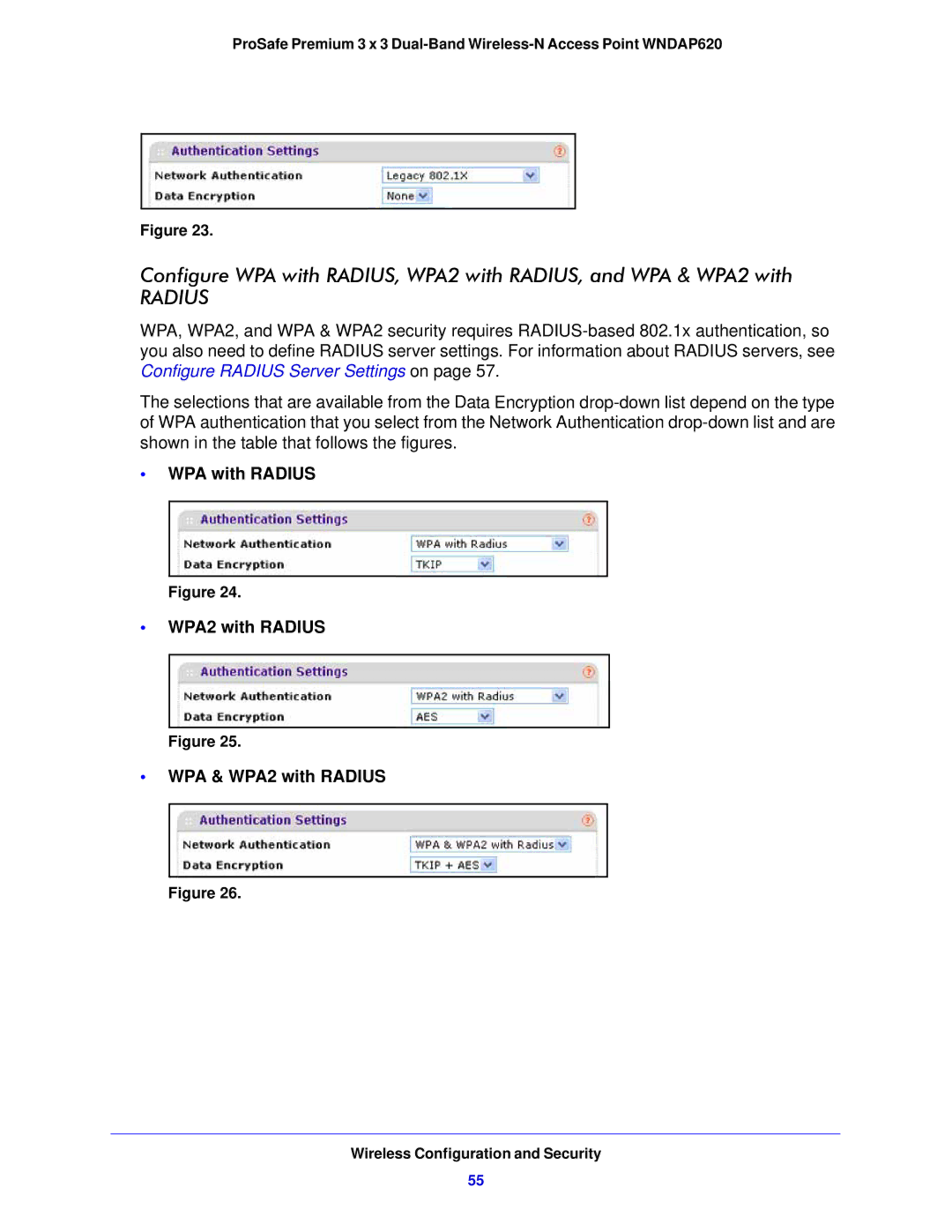 NETGEAR WNDAP620 manual WPA with Radius WPA2 with Radius WPA & WPA2 with Radius 