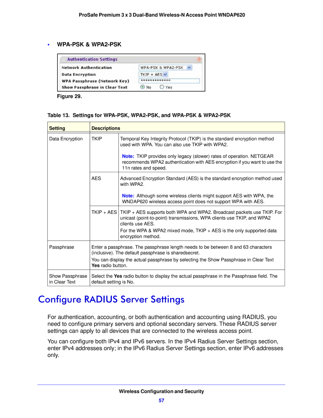 NETGEAR WNDAP620 manual Configure Radius Server Settings, Settings for WPA-PSK, WPA2-PSK, and WPA-PSK & WPA2-PSK 