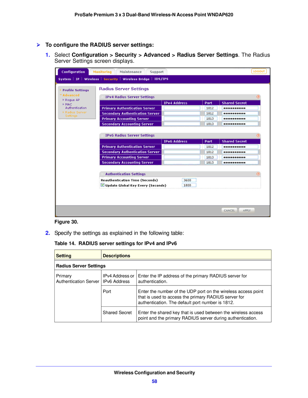 NETGEAR WNDAP620 manual  To configure the Radius server settings, Radius server settings for IPv4 and IPv6 