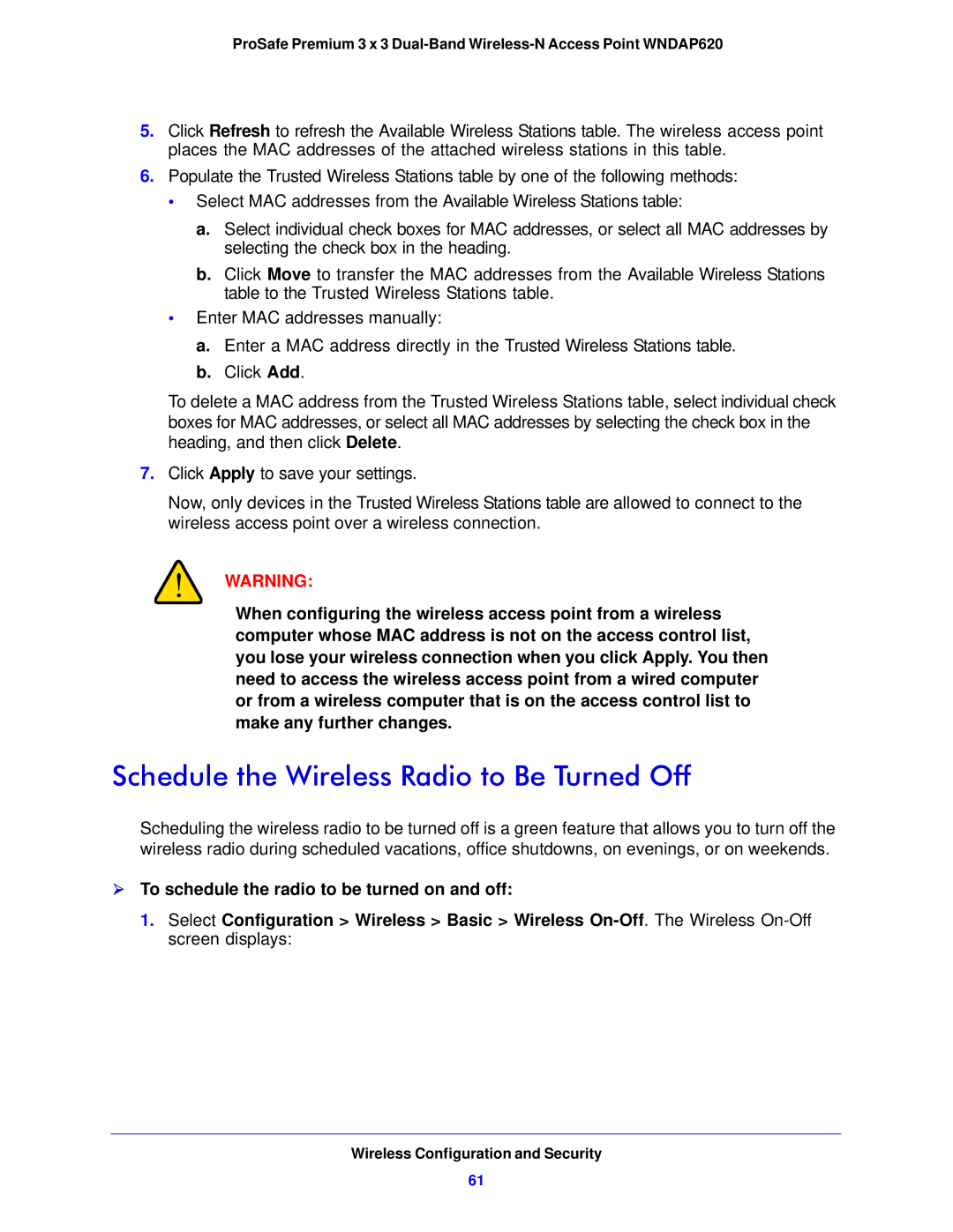 NETGEAR WNDAP620 manual Schedule the Wireless Radio to Be Turned Off,  To schedule the radio to be turned on and off 