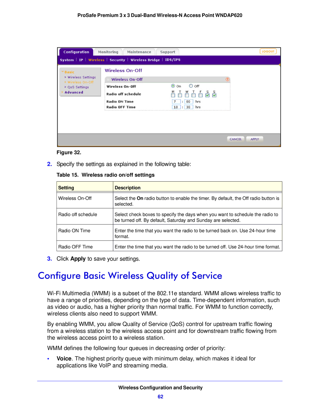 NETGEAR WNDAP620 manual Configure Basic Wireless Quality of Service, Wireless radio on/off settings 