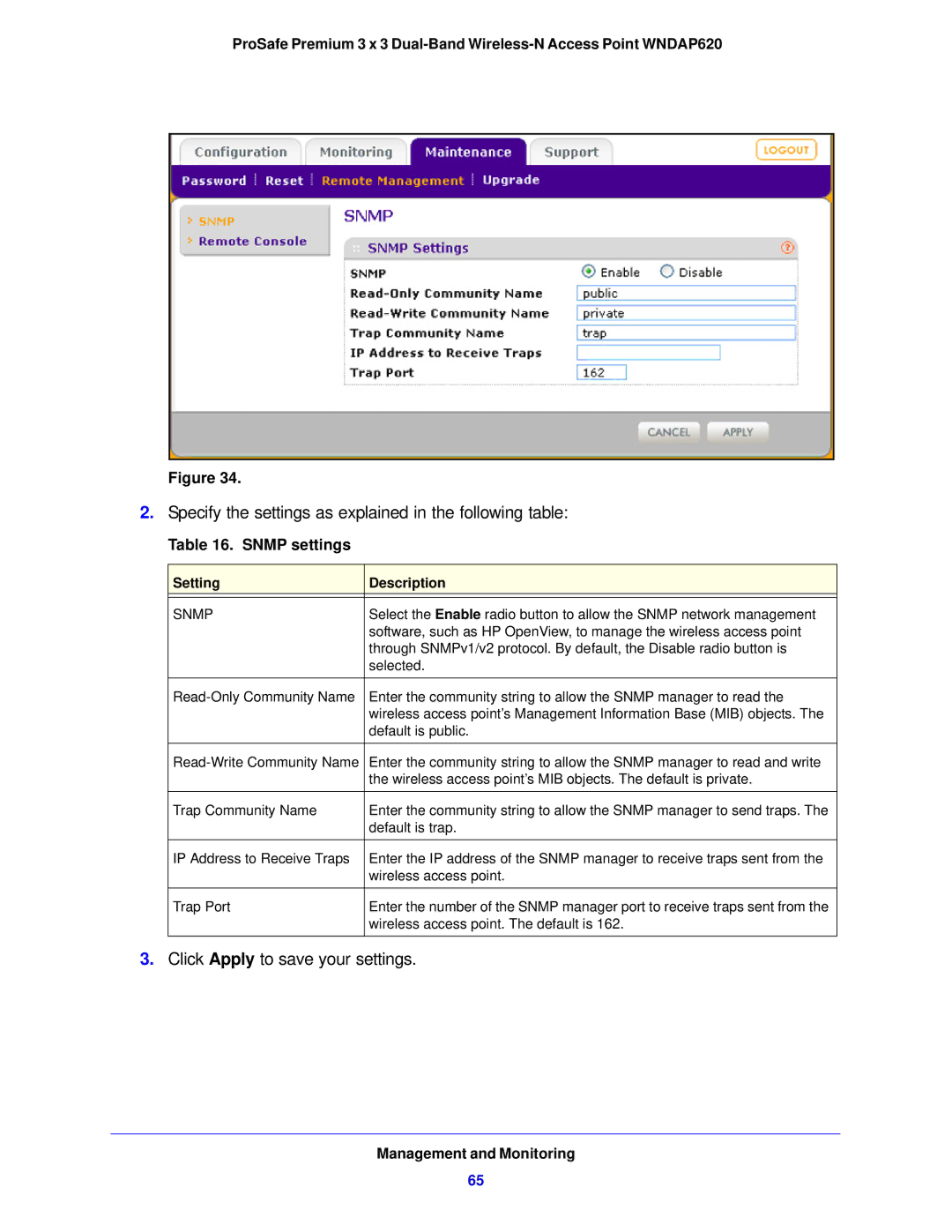 NETGEAR WNDAP620 manual Snmp settings, Management and Monitoring 