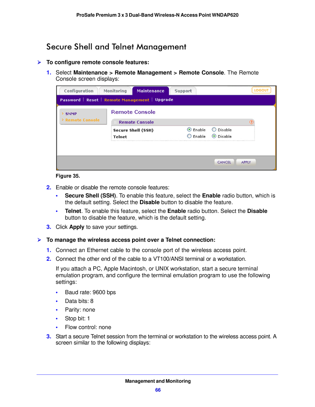 NETGEAR WNDAP620 manual Secure Shell and Telnet Management,  To configure remote console features 