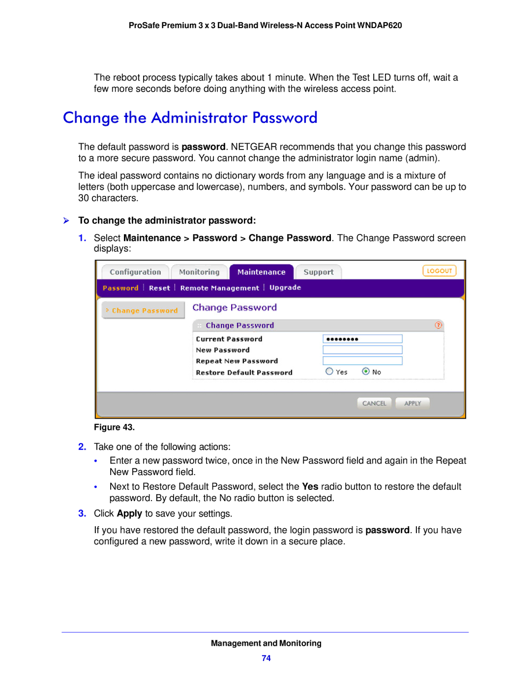 NETGEAR WNDAP620 manual Change the Administrator Password,  To change the administrator password 