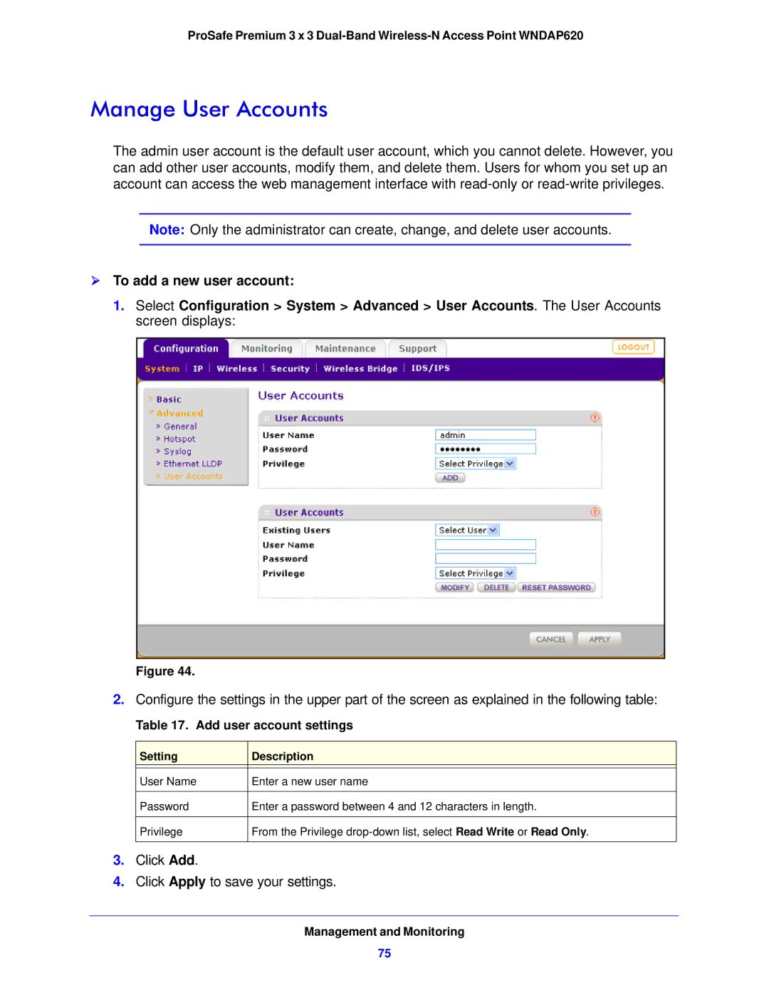 NETGEAR WNDAP620 manual Manage User Accounts,  To add a new user account, Add user account settings 