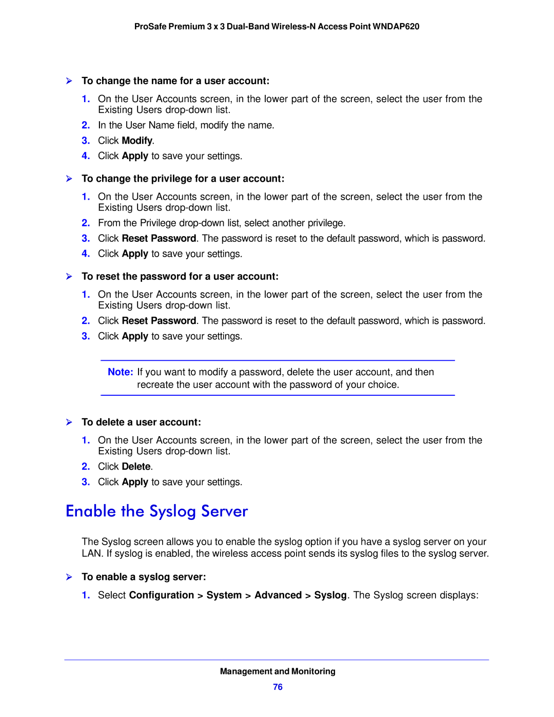 NETGEAR WNDAP620 manual Enable the Syslog Server,  To change the name for a user account,  To delete a user account 