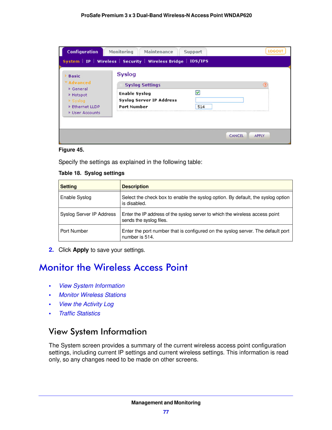 NETGEAR WNDAP620 manual Monitor the Wireless Access Point, View System Information, Syslog settings 