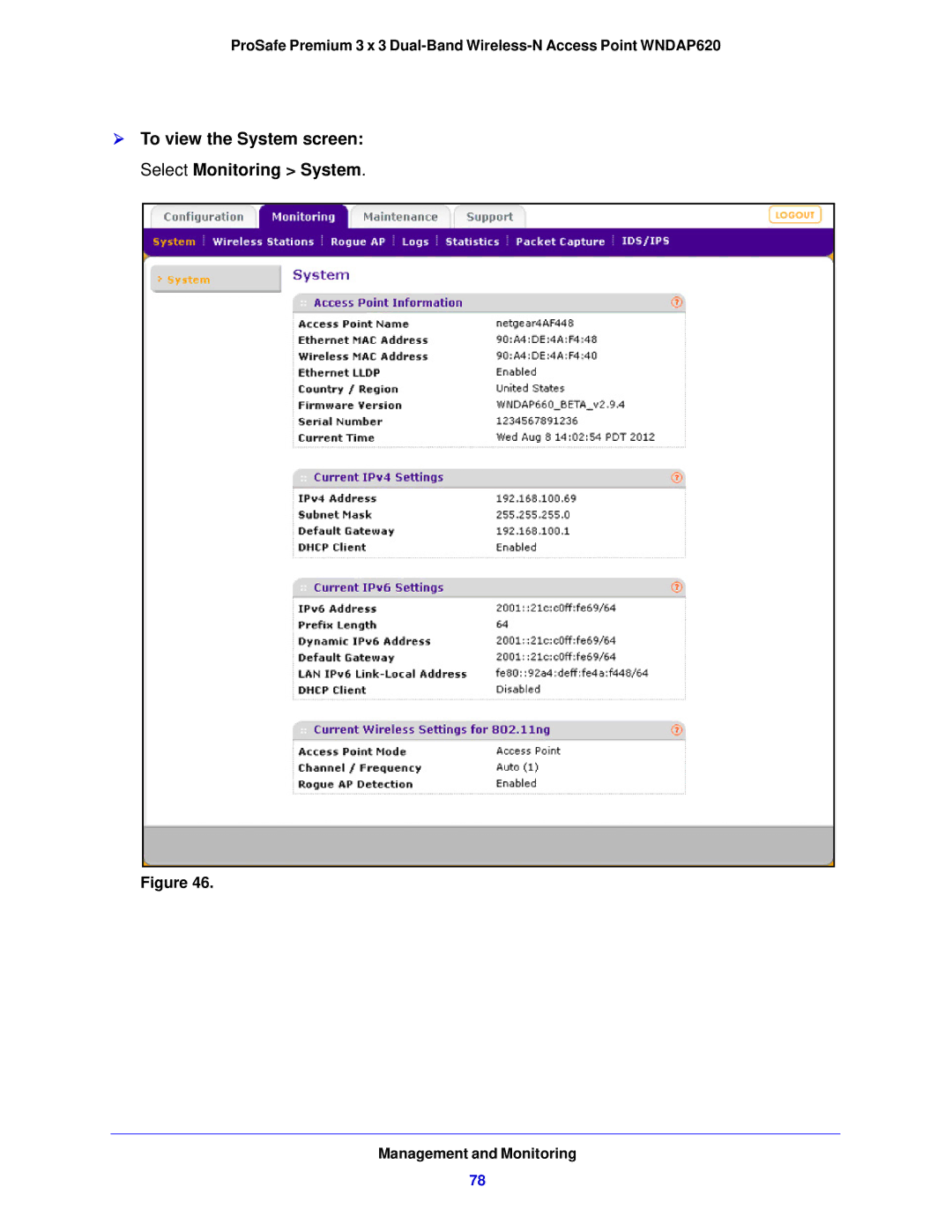 NETGEAR WNDAP620 manual  To view the System screen Select Monitoring System 