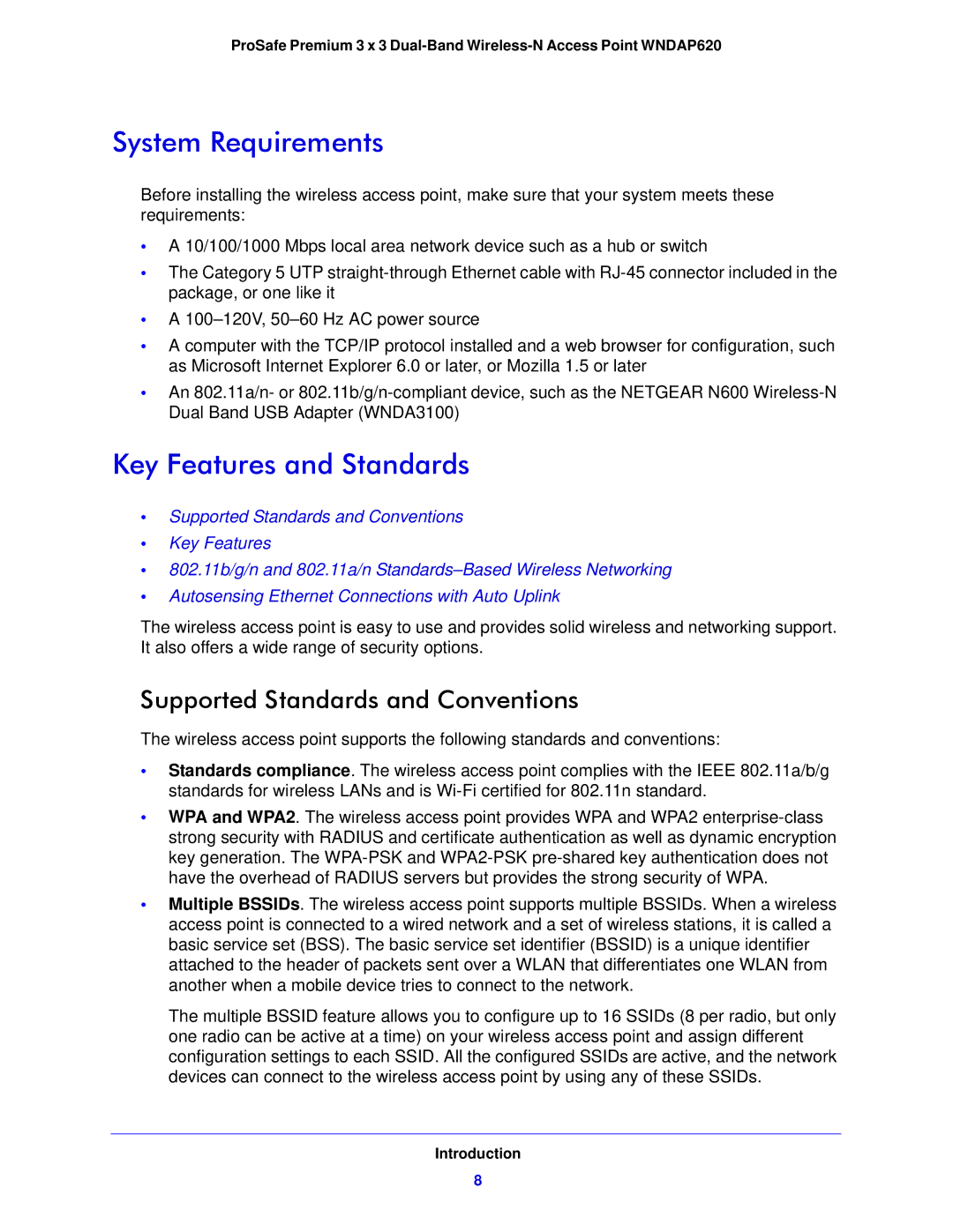 NETGEAR WNDAP620 manual System Requirements, Key Features and Standards, Supported Standards and Conventions 