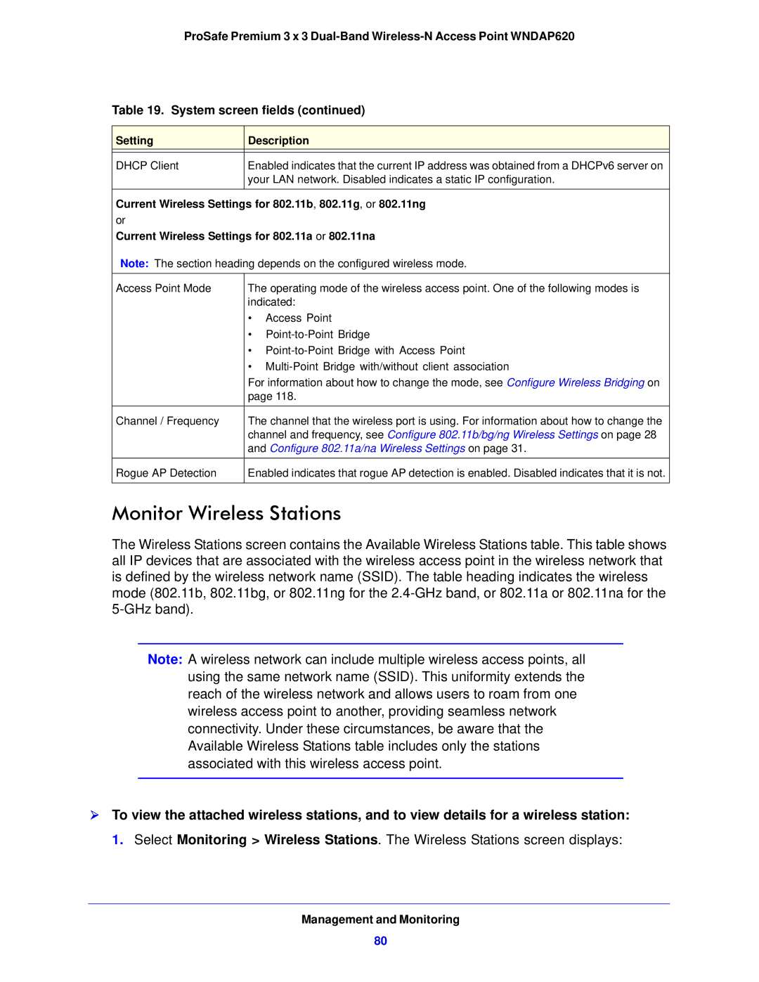 NETGEAR WNDAP620 manual Monitor Wireless Stations, Setting Description Dhcp Client 