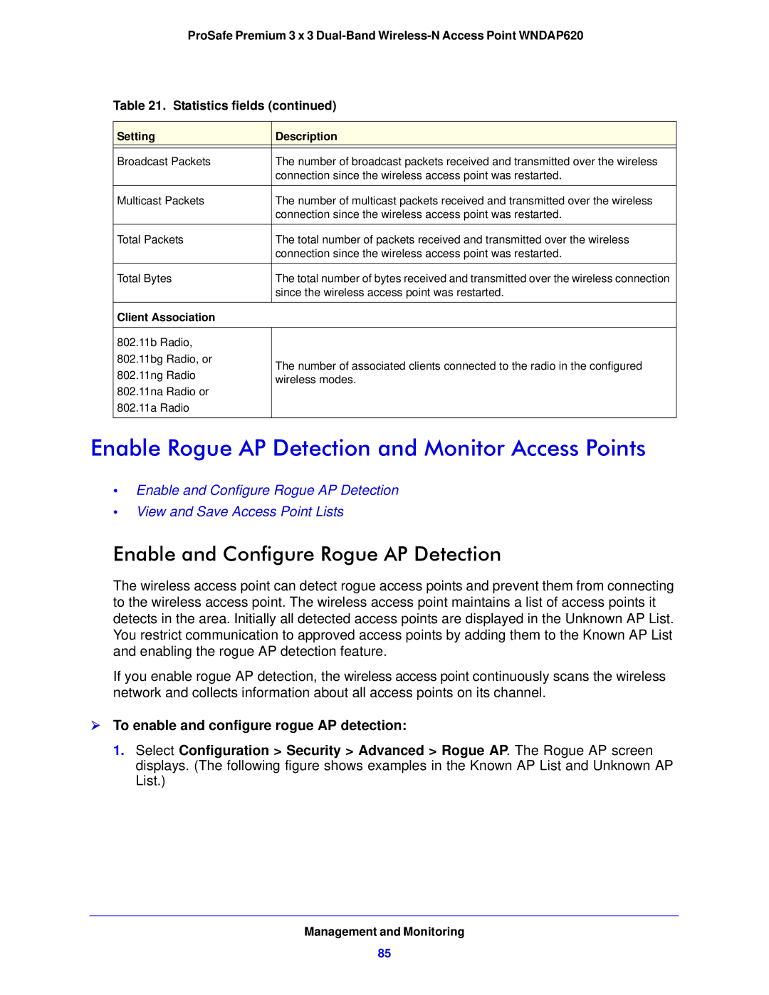 NETGEAR WNDAP620 manual Enable Rogue AP Detection and Monitor Access Points, Enable and Configure Rogue AP Detection 