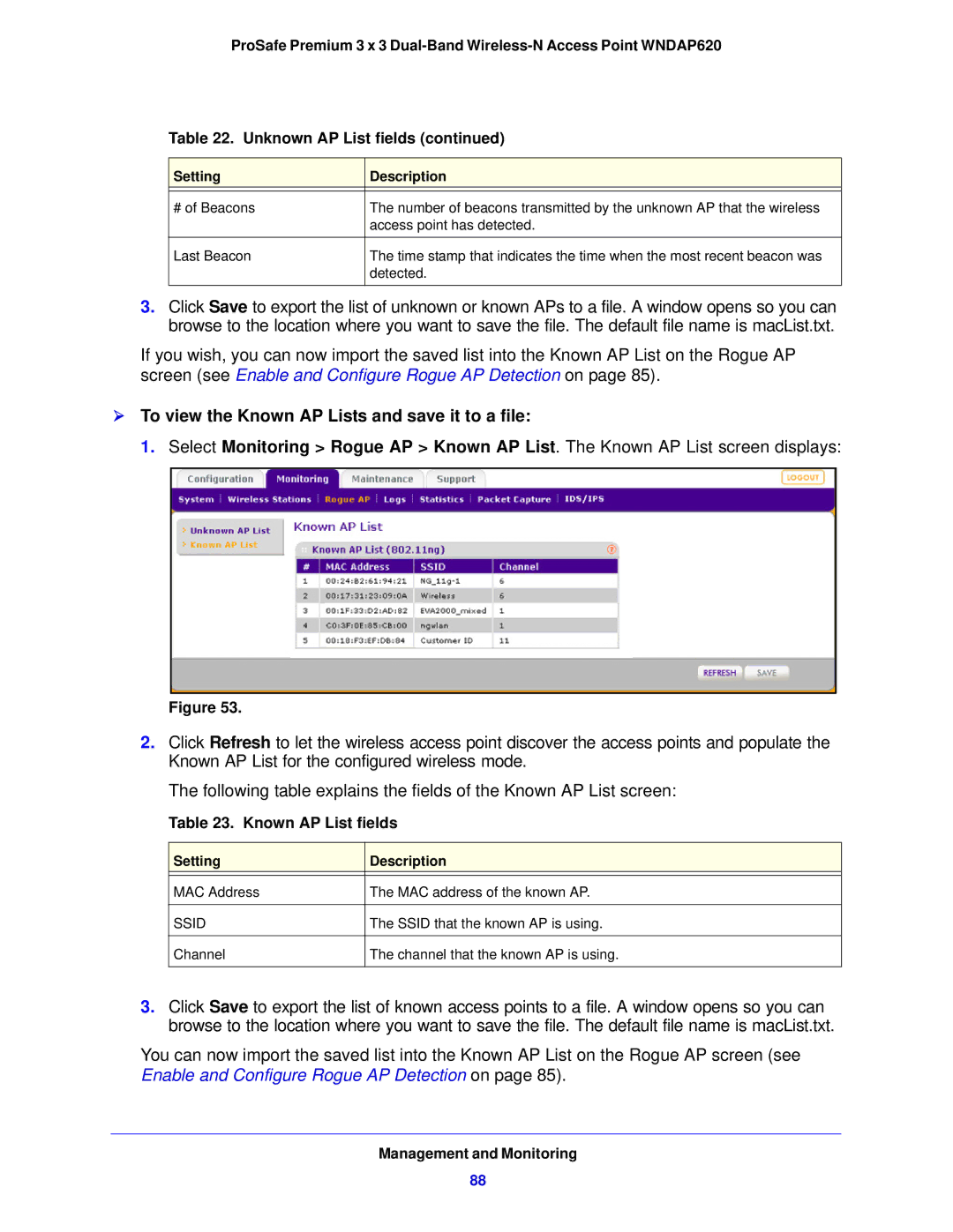 NETGEAR WNDAP620 manual  To view the Known AP Lists and save it to a file, Known AP List fields 