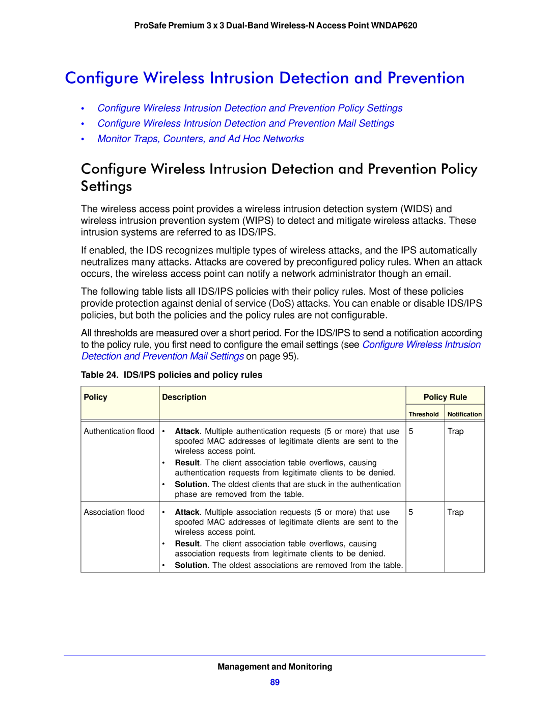 NETGEAR WNDAP620 manual Configure Wireless Intrusion Detection and Prevention, IDS/IPS policies and policy rules 