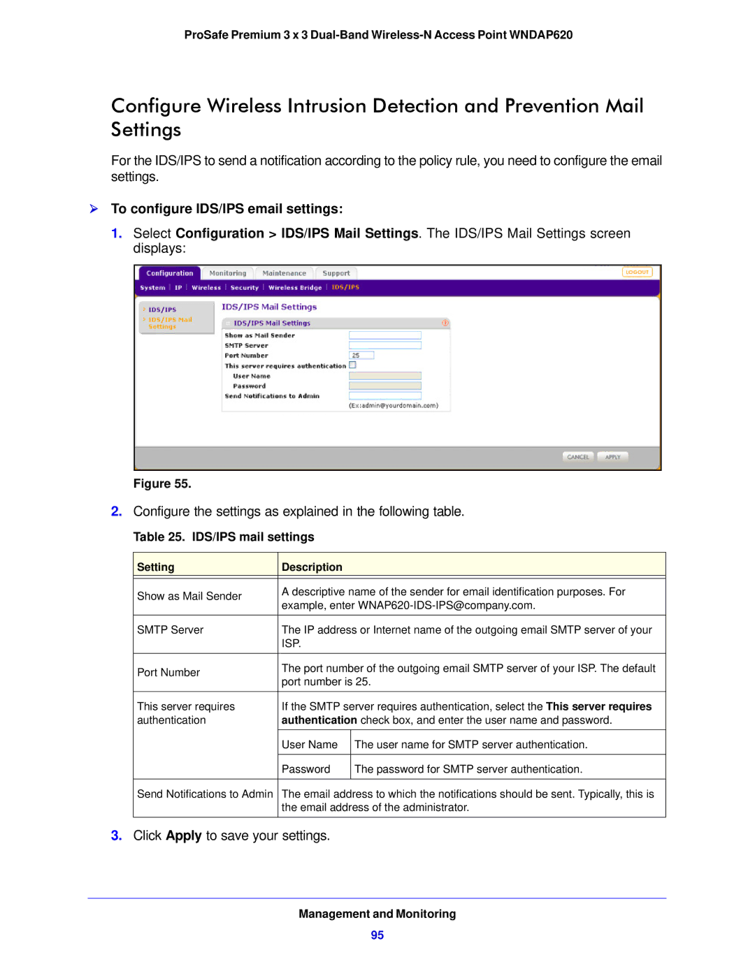 NETGEAR WNDAP620 manual  To configure IDS/IPS email settings, IDS/IPS mail settings, Isp 