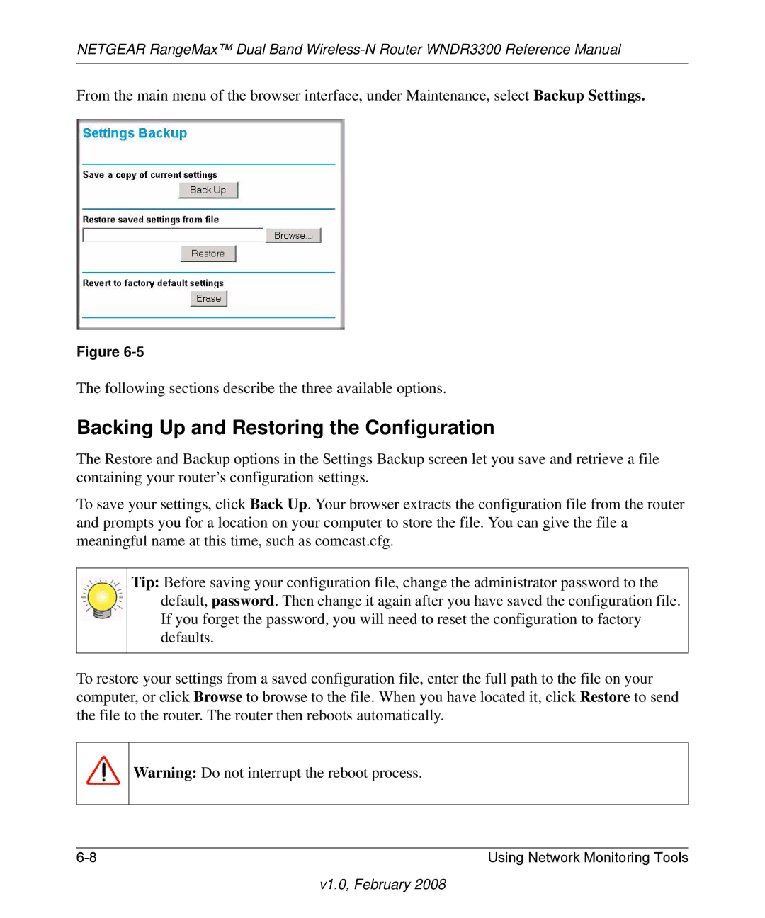 NETGEAR WNDR3300 manual Backing Up and Restoring the Configuration 