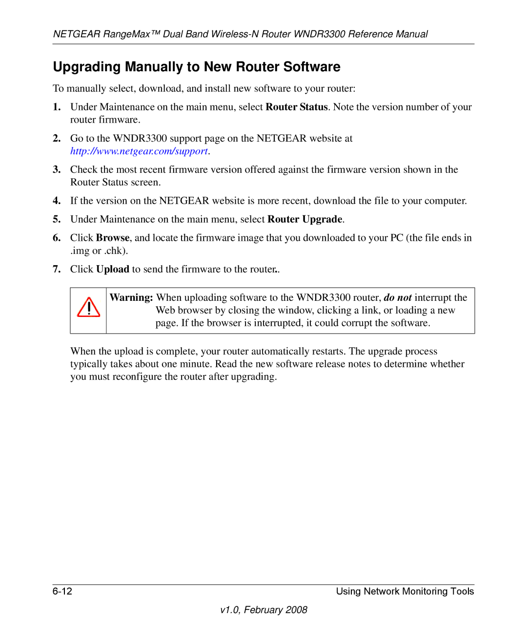 NETGEAR WNDR3300 manual Upgrading Manually to New Router Software 