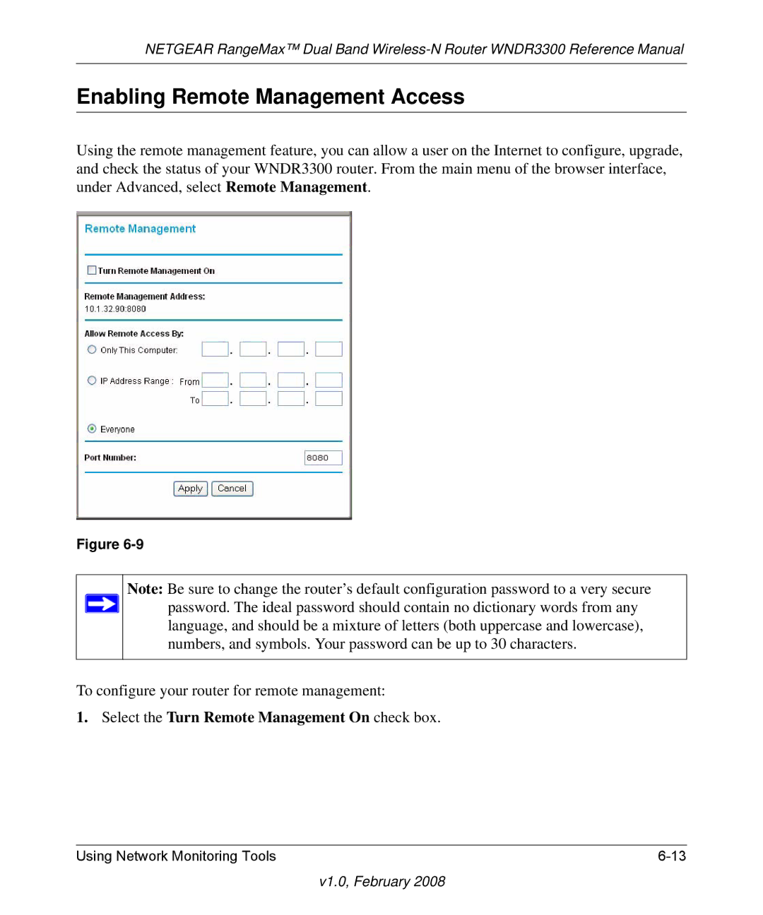 NETGEAR WNDR3300 manual Enabling Remote Management Access, Select the Turn Remote Management On check box 