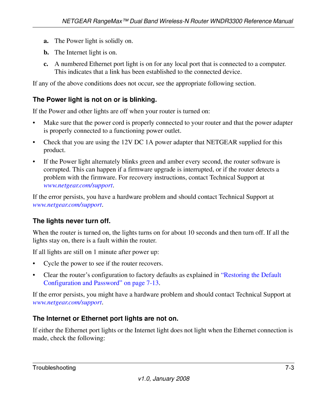 NETGEAR WNDR3300 Power light is not on or is blinking, Lights never turn off, Internet or Ethernet port lights are not on 