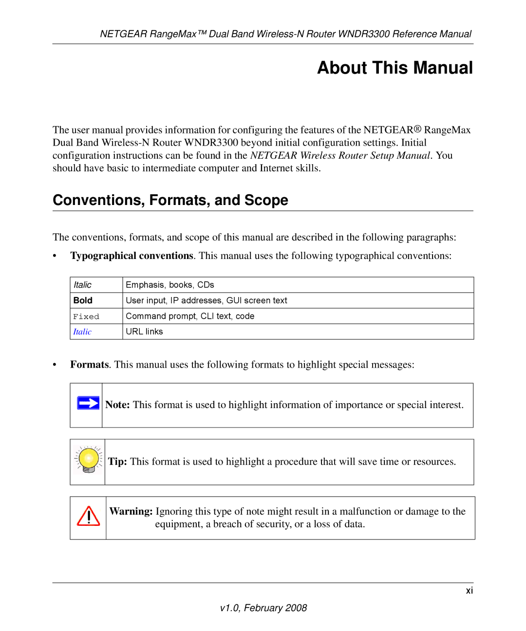 NETGEAR WNDR3300 manual About This Manual, Conventions, Formats, and Scope 